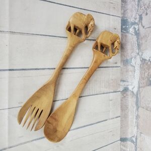 Vintage Hand Carved Wooden Kenya Fork and  Spoon Elephants